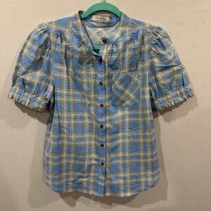 Doe and Rae Blue Yellow Plaid Seersucker Puff Sleeve Button Down Top Small